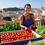 Thriving Urban Garden Oasis**

A vibrant, overflowing rooftop garden in Lisbon, Portugal. Lush vegetables (tomatoes, lettuce, peppers) grow in raised beds and vertical planters constructed from recycled materials. A smiling woman in her 30s, wearing gardening gloves and casual clothes, tends to the plants. In the background, the terracotta rooftops of Lisbon stretch towards the Tagus River. Focus on bright, natural lighting and showcasing the abundance of fresh produce. The overall mood should be optimistic and convey the concept of sustainable urban living.

**