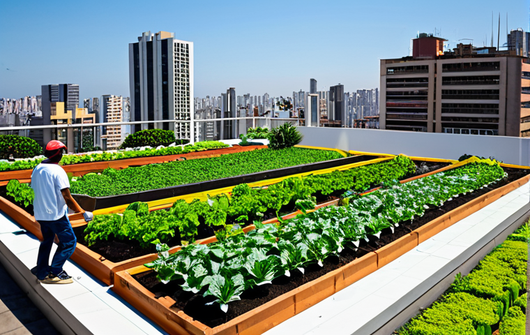 도시농업관리사 자격증 공부 스케줄 - Urban Rooftop Garden**
A vibrant rooftop garden in São Paulo, Brazil. Fully clothed people tending ...