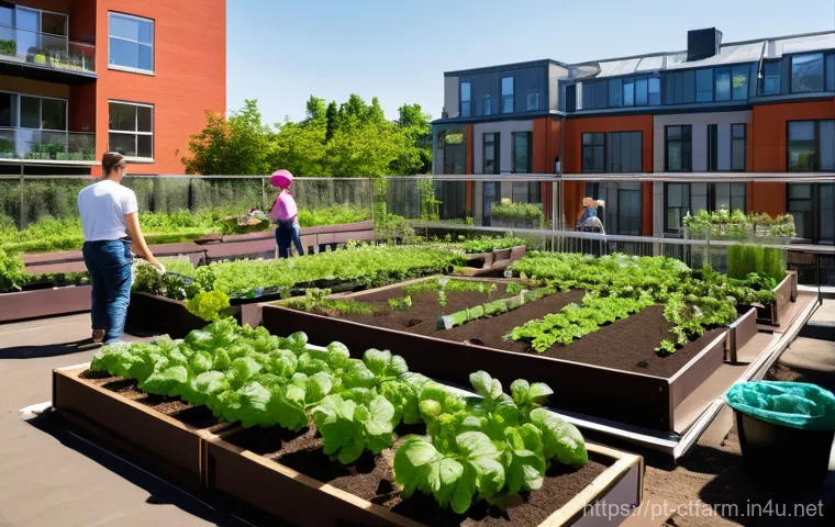 도시농업관리사 커리어 성공 비결 - **Prompt:** A vibrant community urban garden thriving on a sunny rooftop in a bustling city. A diver...
