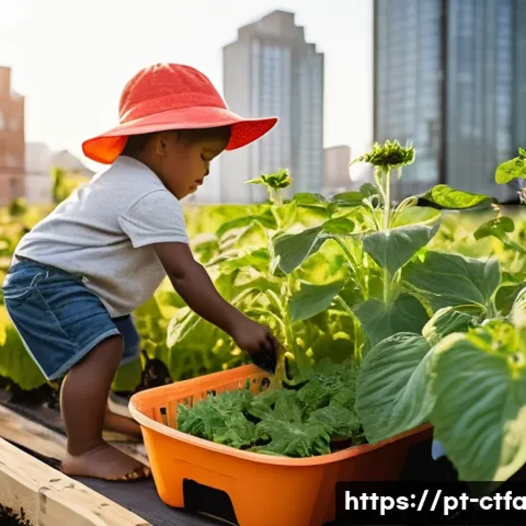 도시농업관리사 이직 준비 체크리스트 - **Prompt:** "A vibrant and diverse community rooftop garden at golden hour. A group of adults and ch...