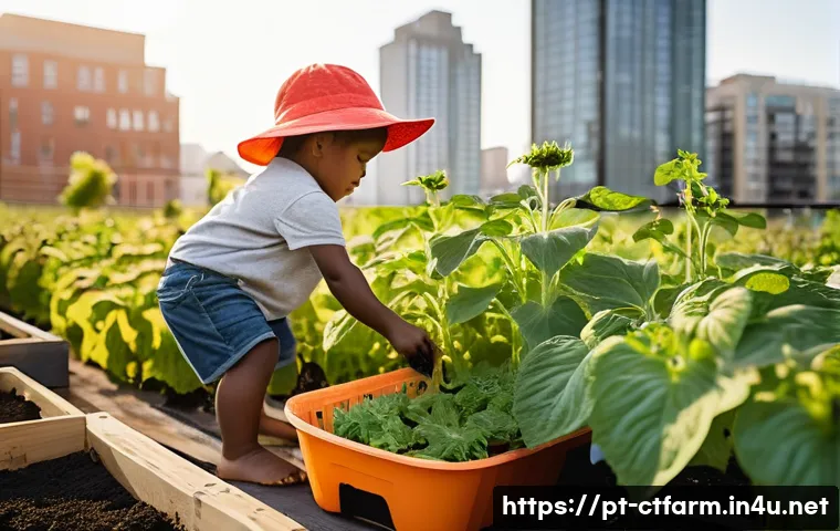 도시농업관리사 이직 준비 체크리스트 - **Prompt:** "A vibrant and diverse community rooftop garden at golden hour. A group of adults and ch...