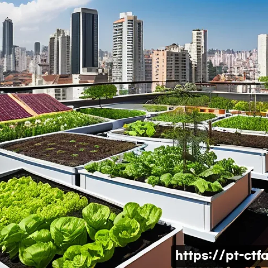 도시농업관리사와 스마트 농업 기술 - A vibrant urban rooftop garden in São Paulo, Brazil, showcasing diverse vegetable and herb plants gr...