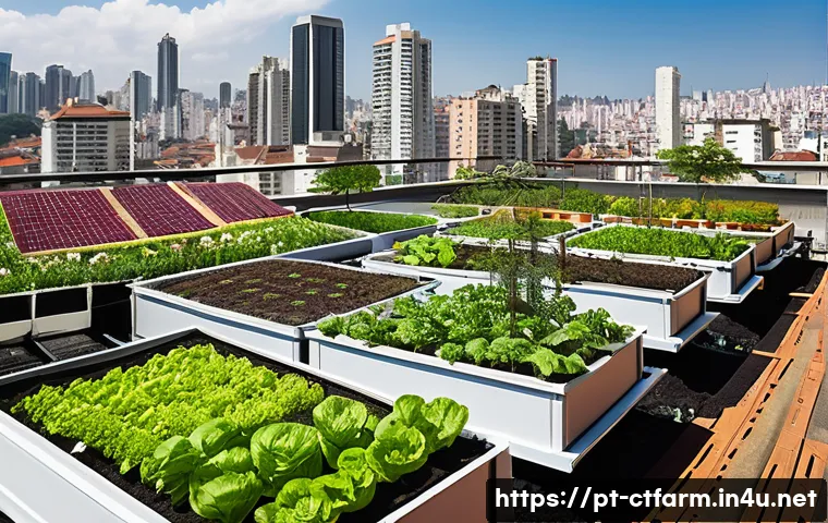 도시농업관리사와 스마트 농업 기술 - A vibrant urban rooftop garden in São Paulo, Brazil, showcasing diverse vegetable and herb plants gr...