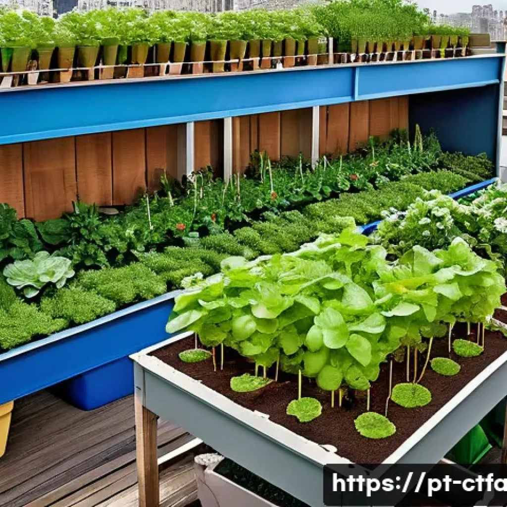 도시농업관리사 실무 사례 모음 - A vibrant urban community garden on a sunny rooftop in a Brazilian city, showcasing vertical gardens...
