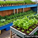 Home 22 도시농업관리사 실무 사례 모음 - A vibrant urban community garden on a sunny rooftop in a Brazilian city, showcasing vertical gardens...