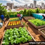 Home 21 도시농업관리사 이직 성공 사례 - A vibrant urban community garden scene in a Brazilian city, showcasing diverse adults in casual clot...