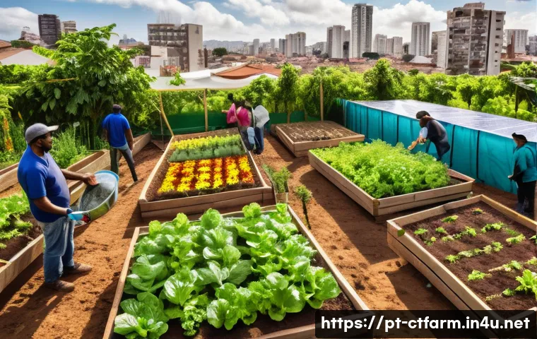도시농업관리사 이직 성공 사례 - A vibrant urban community garden scene in a Brazilian city, showcasing diverse adults in casual clot...