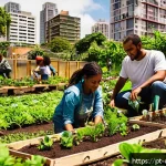 Home 20 도시농업관리사 관련 협회 및 단체 - A vibrant urban community garden in São Paulo, Brazil, featuring diverse groups of people collaborat...