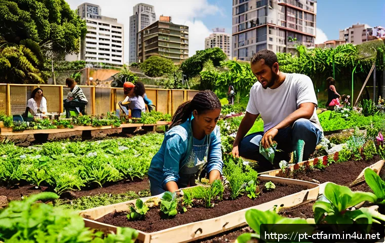 도시농업관리사 관련 협회 및 단체 - A vibrant urban community garden in São Paulo, Brazil, featuring diverse groups of people collaborat...