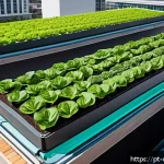 Home 19 도시농업관리사 전문 지식 업데이트 방법 - A modern urban rooftop garden in a bustling Brazilian city, featuring a sleek hydroponic vertical fa...