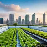 Home 18 도시농업관리사 자격증 합격률 분석 - A modern urban rooftop garden in São Paulo at sunrise, showcasing diverse crops like lettuce, tomato...