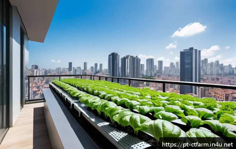 도시농업관리사 업무 스킬 업그레이드 - A modern urban hydroponic farm on a spacious apartment balcony in São Paulo, Brazil, featuring lush ...