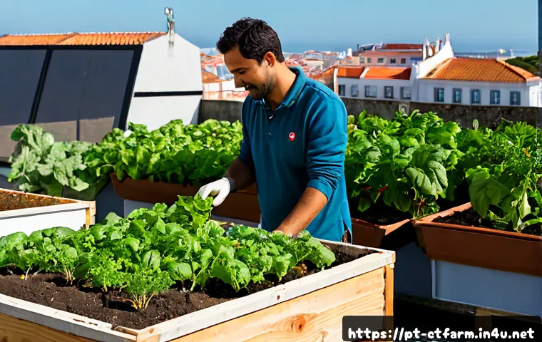 Home 17 도시농업관리사와 친환경 농업의 연계 - Photorealistic urban agriculture advisor guiding a small group of Portuguese community gardeners on ...
