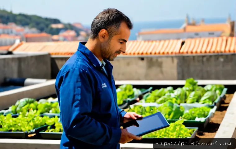 Home 17 도시농업관리사 취업 가능 직종 - Photorealistic urban agriculture coordinator inspecting thriving vegetable beds on a sunny Lisbon ro...